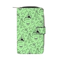 Aliens Bigfoot Savage Dinosaurs Green Funny RFID Blocking Wallet Slim Clutch Organizer Purse with Credit Card Slots for Men and Women