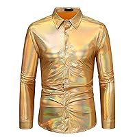 Men's Sequin Dress Shirt 70s Disco Costume Sparkle Party Short Sleeve Button Down Shirts Fashion Metallic Shirts