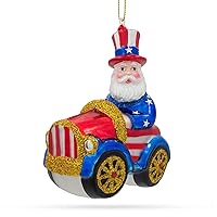 Patriotic Uncle Sam Santa Driving a Car - Blown Glass Christmas Ornament