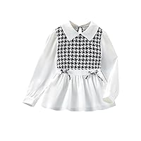 Floerns Girl's Colorblock Houndstooth Print Long Sleeve Bow Front Peplum Blouse