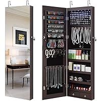 GISSAR Full Length Mirror Jewelry Cabinet, 6 LEDs Jewelry Armoire Wall Mounted Over The Door Hanging, Jewelry Organizer Storage with Lights Lockable, Brown, 14.6