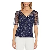 Adrianna Papell Womens Mesh Embellished Blouse Navy 6