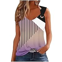 Women's Color Block Stripe Tank Tops Fashion V Neck O Ring Shoulder Camisole Shirts Summer Casual Loose Tanks Vest