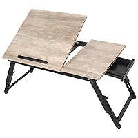 Bamboo Laptop Desk Bed Tray Table Adjustable Table for Computer Tilting Top Foldable Leg with Drawer