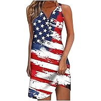 Women Tie Dye Beach Dress 4th of July USA Flag Print Patriotic Mini Sundress Casual Sleeveless Henley Shirt Dresses