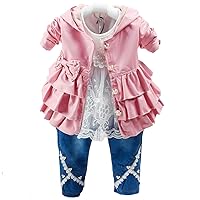Peacolate 6M-4Y Baby Little Girls 3pcs Outfits Leather Hoodie Jacket Lace T-Shirt Denim Jeans