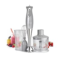 BETTY CROCKER Immersion Blender for Home & Kitchen, 2-Speed Hand Mixer Electric Handheld with Stainless Steel Blade, Beaker & Whisk, 250W Portable Blender with Ergonomic Handle, Silver