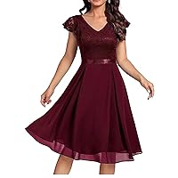 Women's Cap Sleeve Floral Lace V-Neck Formal Evening Gowns Vintage Empire Waist Wedding Cocktail Party Knee Dress