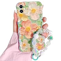 NITITOP Compatible for iPhone 11 Case Cute Oil Flowers Floral Bracelet Cover with Lovely Flower Green Lanyard Wrist Strap for Women Girls, Soft TPU Cover for iPhone 11 - Green Oil Flowers