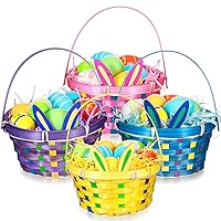 4 Pcs Easter Bunny Bamboo Basket with Raffia Paper Grass, Handmade Woven Easter Basket with Hinged Handles for Egg Hunting, Easter Candy Eggs Baskets Cute Rabbit Picnic Hamper for Party Gifts
