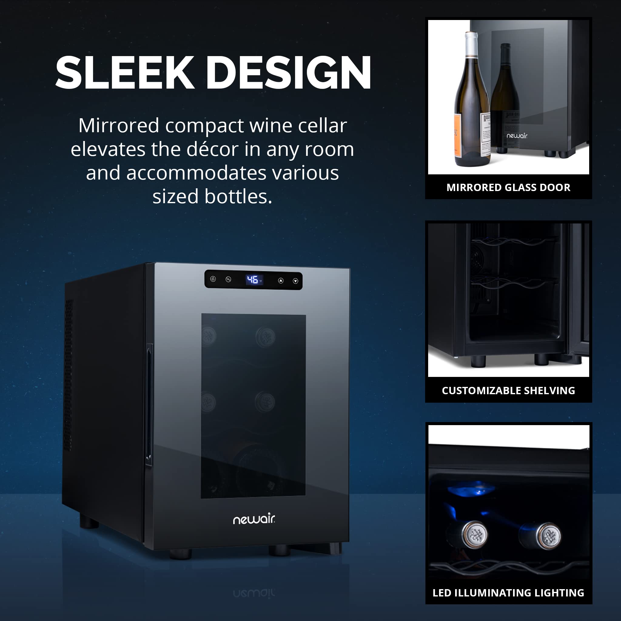 NewAir Shadow-T Series Wine Cooler Refrigerator | 6 Bottle | Countertop Mirrored Compact Wine Cellar with Triple-Layer Tempered Glass Door | Vibration-Free & Ultra-Quiet Thermoelectric Cooling