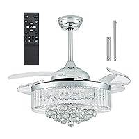 Silver Crystal Ceiling Fan with Lights and Remote,42 Inches Modern Retractable Blade Polished Chrome Ceiling Fans Light,Memory Infinite Dimmable 3 Lights Colors and 6 Speeds Air Circulation Chandelier