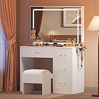 DWVO Makeup Vanity Desk with Large Lighted Mirror with Power Outlet and LED Strip, 3 Color Lighting Modes with Adjustable Brightness, 4 Drawer Vanity Table with Cushioned Stool, Milky-White