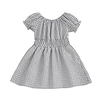 Toddler Girls Child Short Sleeve Grid Prints Summer Beach Sundress Party Dresses Princess Dress Girl Ruffle Dress