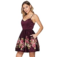 Junior's Spaghetti Strap Fit and Flare Floral Satin Party Homecoming Holiday Dress Burgundy