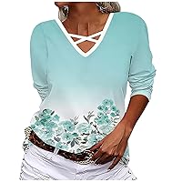 Womens Tops Dressy Casual Spring 2023 Floral Gradient Shirt Tees Long Sleeves V Neck Fall Blouse Pullover Party