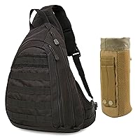 Black Tactical Sling Crossbody Backpack Pack Military Rover Shoulder Bag and Wolf Brown Water Bottle Holder Tactical Pack Molle System Travel Bag (pack of 2)