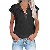 Tops for Women Fashion Solid Button Short Sleeve Shirts Casual V Neck Loose T-Shirt Breathable Blouse