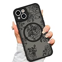 AIGOMARA Case for iPhone 15 [Compatible with MagSafe] Black Flower Floral Pattern Design Case for Women Girls Soft TPU Bumper Hard PC Back Anti-Fall Shockproof Protective Slim Magnetic Cover