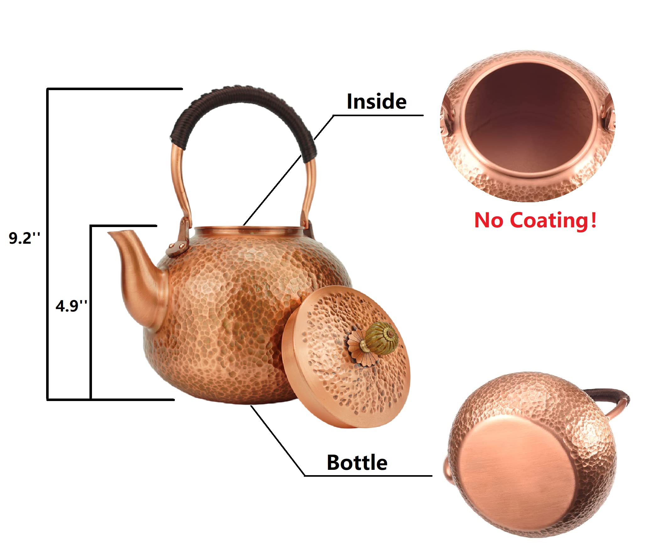 Funmaker Handmade Solid Copper Tea Pot Kettle Stovetop Teapot Thick Hammered Copper Tea Pot Kettle Stovetop Teapot Made for gasstove tops pure copper kettle (Type 7-2200ml)