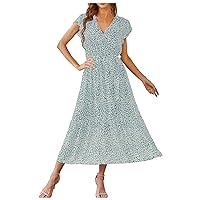 Maxi Dresses for Women 2024 Trendy Floral Printed Boho Dresses Wrap V Neck Short Sleeve Flowy Beach Dresses Sundress