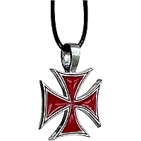 Red Cross Gothic Biker Silver Pewter Men's Pendant Necklace w Black Leather Cord