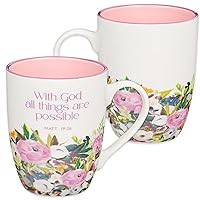 Christian Art Gifts Inspirational Ceramic Coffee & Tea Scripture Mug for Women: All Things are Possible Encouraging Bible Verse, Cute Microwave & Dishwasher Safe Drinkware, White & Pink Floral, 12 oz.