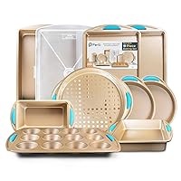 Perlli Baking Pan 10 Piece Set Nonstick Gold Steel Oven Bakeware Kitchen Set with Silicone Handles, Cookie Sheets, Round Cake Pans, 9x13 Pan with Lid, Loaf Pan, Deep Pan, Pizza Crisper, Muffin Pan