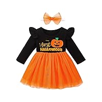 Halloween Little Girl Pumpkin Print Long Sleeve Tulle Patchwork Dress Includes Headband for 3 to Plus