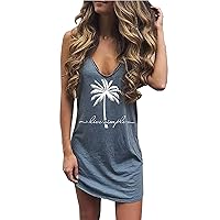 Sun Salt Sand Coconut Tree Tank Mini Dress for Women Sleeveless Beach Praty Shirts Summer Vacation Short Mini Dresses