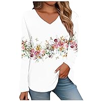Tops for Women Long Sleeve V Neck Retro Printed Loose Fit Tunic T Shirts 2024 Summer Fashion Cute Tee Blouse