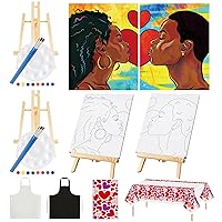 13 Pcs Sip and Paint Kit Valentines Couple Painting Kit Supplies Canvas Painting Art Painting Set Pre Drawn Blank Stretch Canvas Kit for Couple Date Night Party (Afro Couple,8x10)