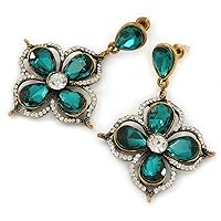 Vintage Inspired Emerald Green/Clear Flower Drop Earrings In Antique Gold Tone - 50mm L