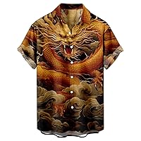 Casual Shirts for Men Summer Short Sleeve Button Down Shirt Cool 3D Dragon Graphic Blouse Loose Beach Aloha T-Shirt