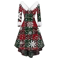Women's Christmas Dress Fashion V-Neck Casual Fit Print Party Long Sleeve Dress, S-5XL