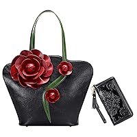PIJUSHI Designer Floral Leather Tote Purses Shoulder Bag for Women Top Handle Satchel Handbag Bundle with Women Wristlet Wallet Card Holder Purse