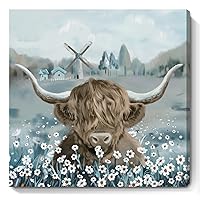 Highland Cow Canvas Wall Art for Living Room Rustic Countryside Farmhouse Landscape Picture Animal Print Painting Cattle in the White Daisy Flower Bush Framed Artwork for Bedroom Office 24x24inch