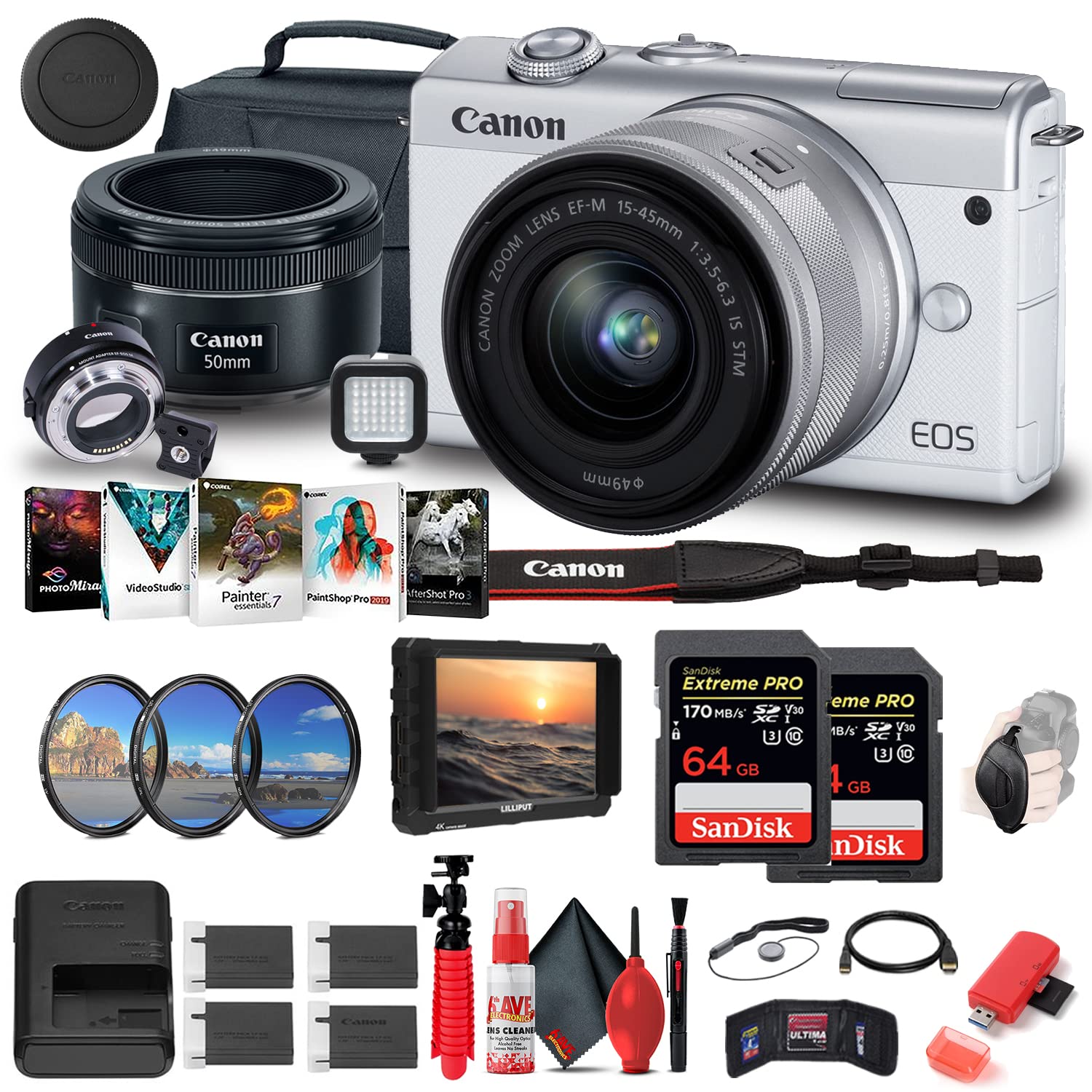 Canon EOS M200 Mirrorless Digital Camera with 15-45mm Lens (White) (3700C009) + Canon EF-M Lens Adapter + 4K Monitor + Canon EF 50mm Lens + 2 x 64GB Card + Case + More (Renewed)