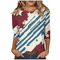 4th of July Shirts for Women Red White and Blue Shirts 3/4 Sleeve Plus Size Tops 2024 Hawaiian Beach Crew Neck Tee Shirts