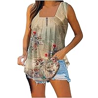 Women Square Neck Ethnic Flower Print Tunic Tank Tops Summer Fashion Casual Loose Fit Sleeveless Beach T-Shirts