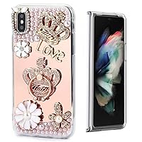 STENES Sparkle Case Compatible with Samsung Galaxy Z Fold 3 5G Case - Stylish - 3D Handmade Bling Crown Ring Stand Flowers Rhinestone Crystal Diamond Design Cover Case - Gold
