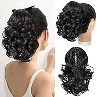 Ponytail Extensions,10 inch Short Claw Clip on Ponytail Extensions Black Synthetic Curly Wavy Pony Tails Hairpieces for Women Daily