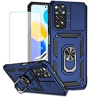 Case for Redmi Note 11 (4G)/Redmi Note 11S 2201117TY Case with Tempered Glass Screen Protector and Slide Camera Cover, 360° Rotate Ring Stand Magnetic Cover for Xiaomi Redmi Note 11 Blue