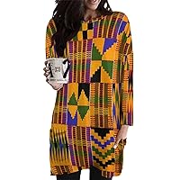 African Kente Cloth Ethnic Art Pattern Women Blouse Long Sleeve Tshirt Dress with Pockets Casual Tunic Top