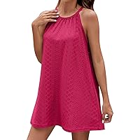 Womens Sun Dresses 2024 Sundresses for Women 2024 Solid Color Sexy Fashion Texture Loose Fit with Sleeveless Halter Summer Dresses Hot Pink X-Large