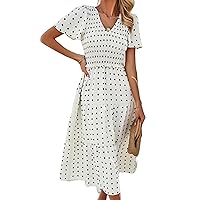 Women Summer 2024 Smocked Midi Dress, Ruffle Short Sleeve V-Neck Flowy A-Line Tiered Swiss Dot Dresses with Pocket