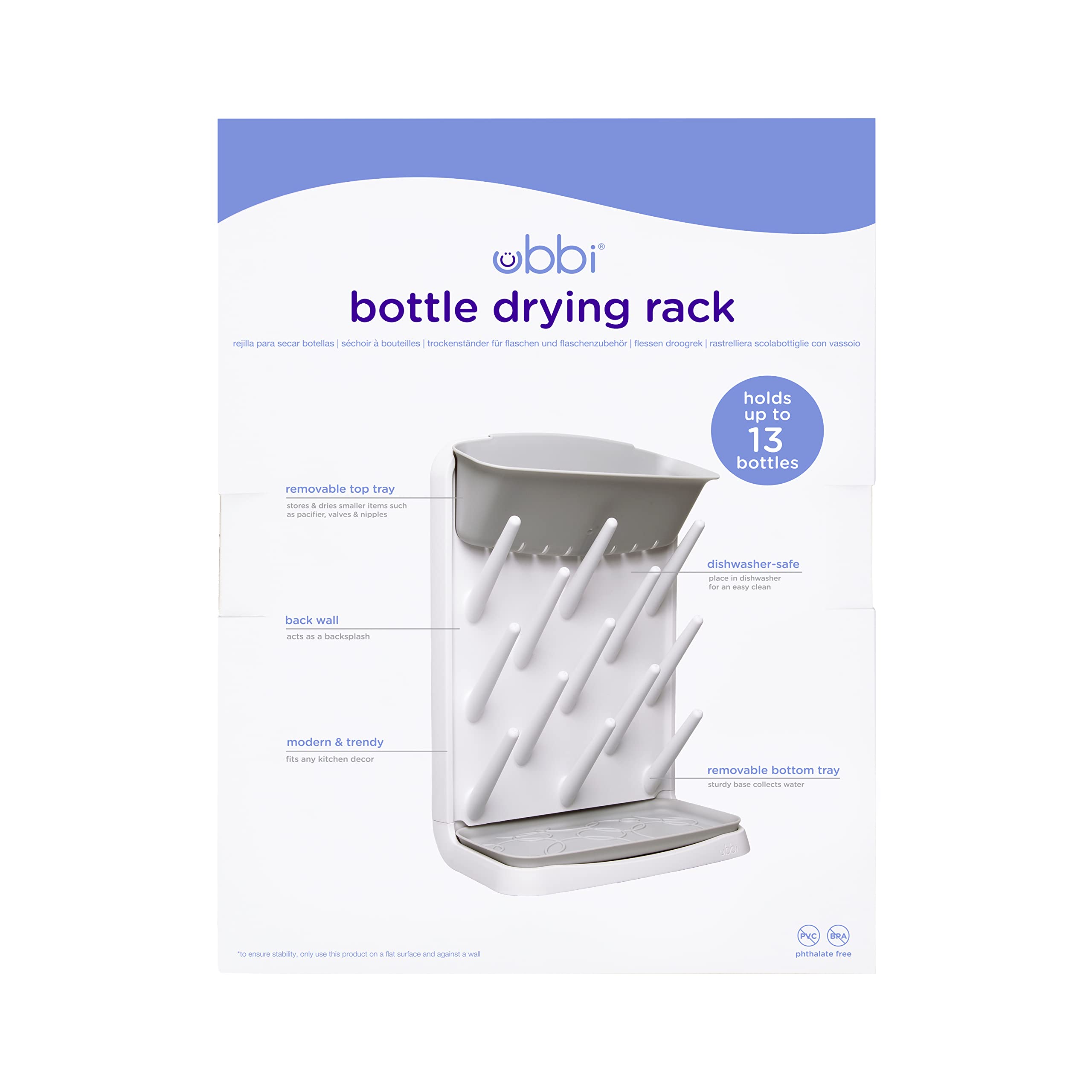 Ubbi Vertical Baby Bottle Drying Rack, Countertop Drying Rack Baby Accessory, Gray