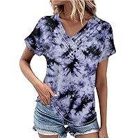 Shirts for Women Trendy Retro Floral Printed T-Shirt Pleated Button V-Neck Tshirt Fashion Short Sleeve Tops Casual