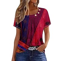 Womens Summer Tops 2024 Printed Button Decor T Shirts Loose Fit Short Sleeve Shirts Casual Blouses Dressy Tunic Tops