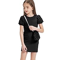 Girls Ruffle Sleeve Knit Fashion Bodycorn Mini Knee Length Dress with Cute Bag for Special Casual and Party Wear
